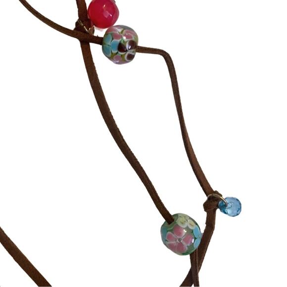 Adjustable Leather Wrap Bracelet Necklace Aqua Pink Charms Boho - Picture 4 of 7